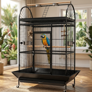 Foldable Playtop Metal Bird Cage with Wheel with 5 Steel Cups,2 Perch, and Tray for Macaw, Green Parrot,Umbrella,Cuckoo & All Big Birds L:122.4 CM x B:82.3 CM x H:178cms Bar spacing-3CM