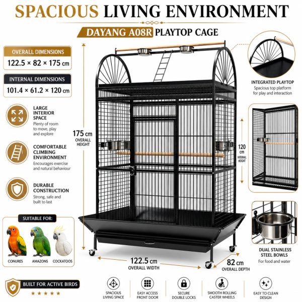 Foldable Playtop Metal Bird Cage with Wheel with 5 Steel Cups,2 Perch ...