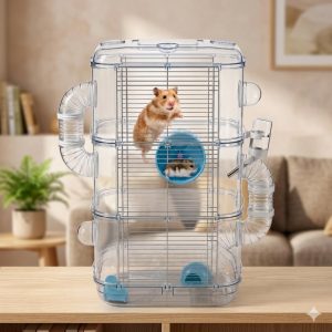 Central Fish Aquarium - 3-Level Hamster Cage with Tunnel, Exercise Wheel & Food Cup | Transparent Small Animal Habitat for Small Hamsters, Dwarf Hamsters | 32 x 21 x 57 cm- Colors May Vary
